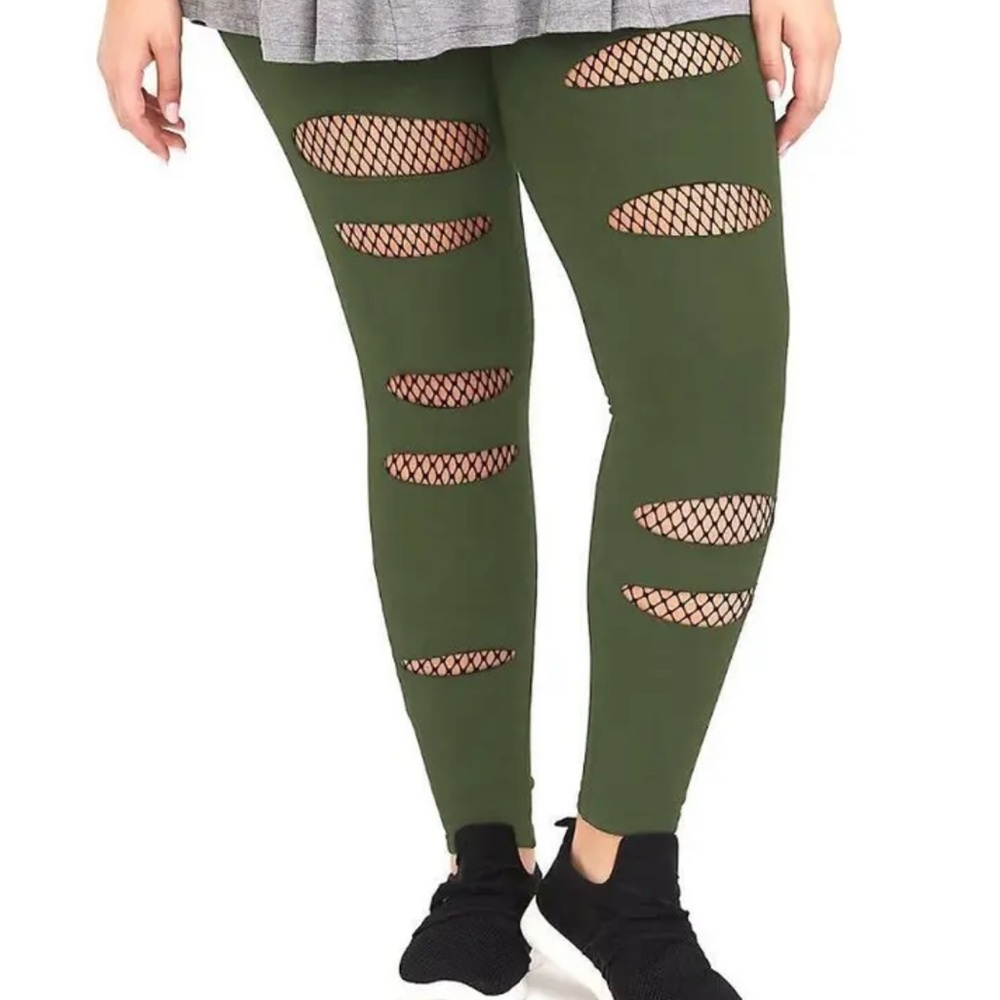 Olive Green Distressed Fishnet Panel Leggings - Women